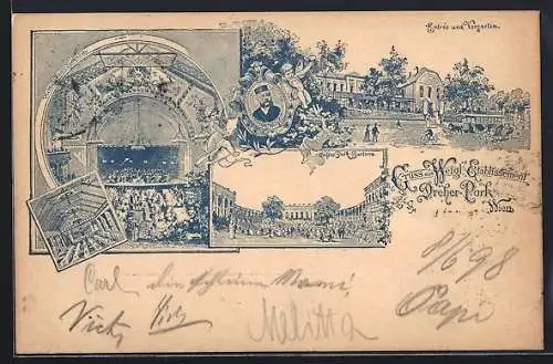 Lithographie Wien, Gasthaus Dreher-Park Weigl, Innenansicht, Grosser Park Parterre, Entree und Vorgarten