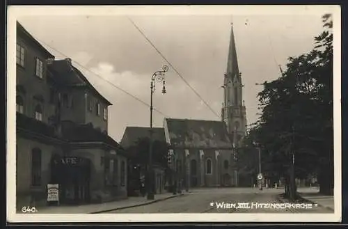 AK Wien, Hitzing, Strassenpartie mit Cafe und Hitzingerkirche