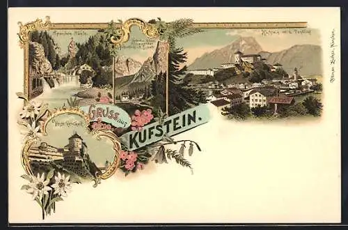 Lithographie Kufstein, Veste Geroldseck, an der Sparchen-Mühle