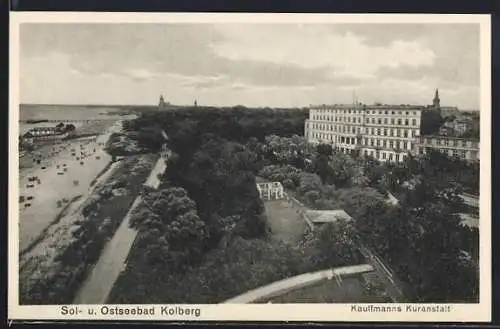 AK Kolberg, Kauffmanns Kuranstalt mit Anlagen u. Strand aus der Vogelschau