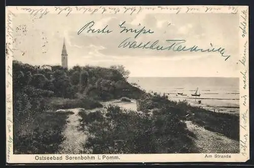 AK Sorenbohm i. Pomm., Am Strande, Ortspartie mit Turm