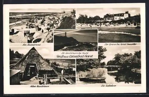AK Horst / Ostseebad, Der Leuchtturm bei Nacht, Altes Rauchhaus, Am Badestrand