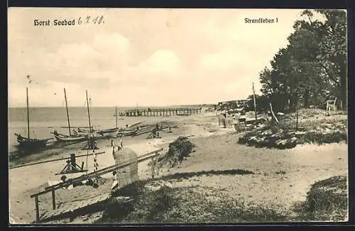 AK Horst-Seebad, Strandleben, Ortspartie mit Booten