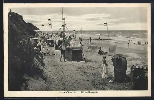 AK Horst-Seebad, Strandburgen, Strandpartie mit Seeblick