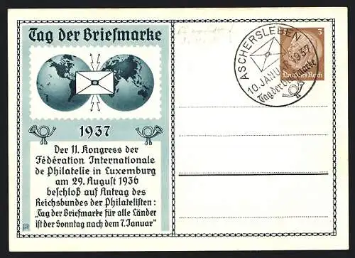 AK 11. Kongress der Fédération Internationale de Philatelie in Luxemburg 1936, Tag der Briefmarke 1937, Ganzsache