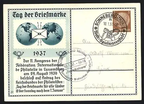 AK 11. Kongress der Fédération Internationale de Philatelie in Luxemburg 1936, Tag der Briefmarke 1937, Ganzsache