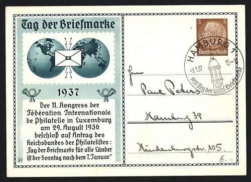 AK 11. Kongress der Fédération Internationale de Philatelie in Luxemburg 1936, Tag der Briefmarke 1937, Ganzsache