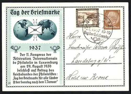 AK 11. Kongress der Fédération Internationale de Philatelie in Luxemburg 1936, Tag der Briefmarke 1937, Ganzsache