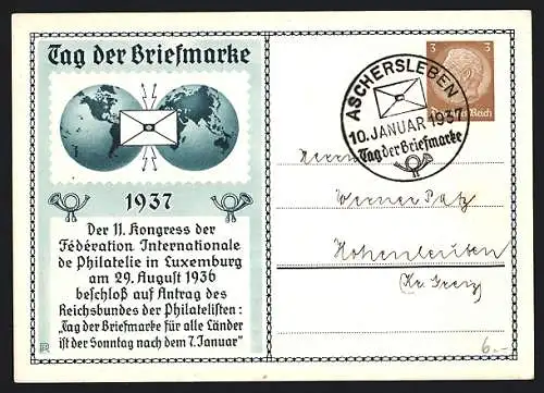 AK 11. Kongress der Fédération Internationale de Philatelie in Luxemburg 1936, Tag der Briefmarke 1937, Ganzsache