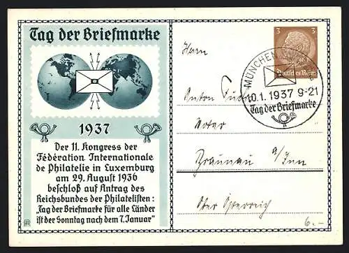 AK 11. Kongress der Fédération Internationale de Philatelie in Luxemburg 1936, Tag der Briefmarke 1937, Ganzsache