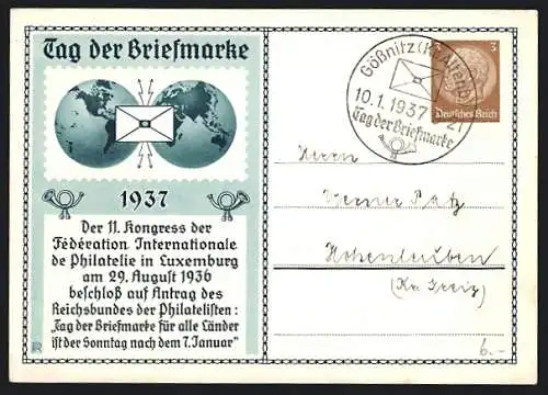AK 11. Kongress der Fédération Internationale de Philatelie in Luxemburg 1936, Tag der Briefmarke 1937, Ganzsache