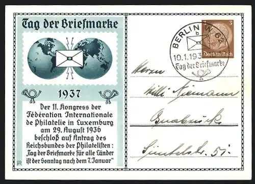 AK 11. Kongress der Fédération Internationale de Philatelie in Luxemburg 1936, Tag der Briefmarke 1937, Ganzsache