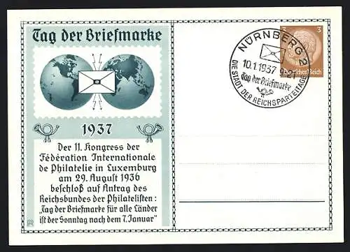 AK 11. Kongress der Fédération Internationale de Philatelie in Luxemburg 1936, Tag der Briefmarke 1937, Ganzsache