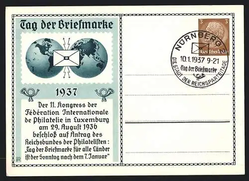 AK 11. Kongress der Fédération Internationale de Philatelie in Luxemburg 1936, Tag der Briefmarke 1937, Ganzsache