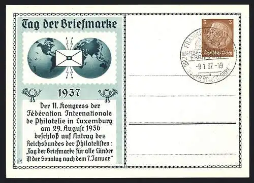 AK 11. Kongress der Fédération Internationale de Philatelie in Luxemburg 1936, Tag der Briefmarke 1937, Ganzsache