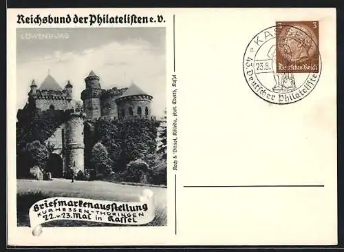 AK Kassel, Briefmarken-Ausstellung 1937, Blick auf die Löwenburg, Reichsbund der Philatelisten e. V., Ganzsache