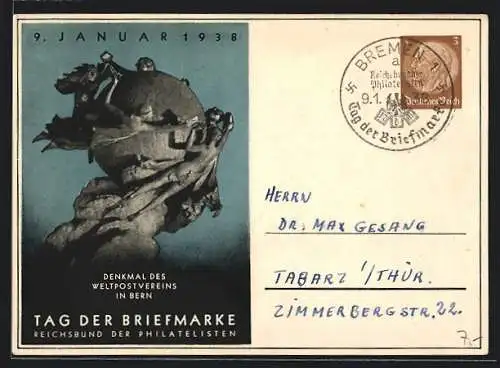 AK Berlin, Tag der Briefmarke 1938, Denkmal des Weltpostvereins Bern, Ganzsache