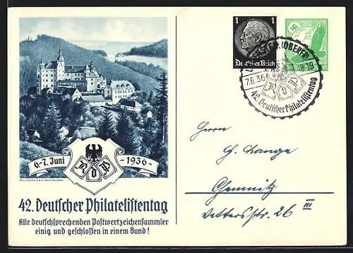 AK Lauenstein, 42. Deutscher Philatelistentag 1936, Schloss, Ganzsache