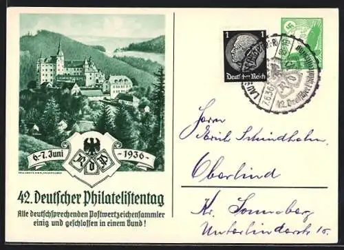 AK Lauenstein, 42. Deutscher Philatelistentag 1936, Schloss, Ganzsache