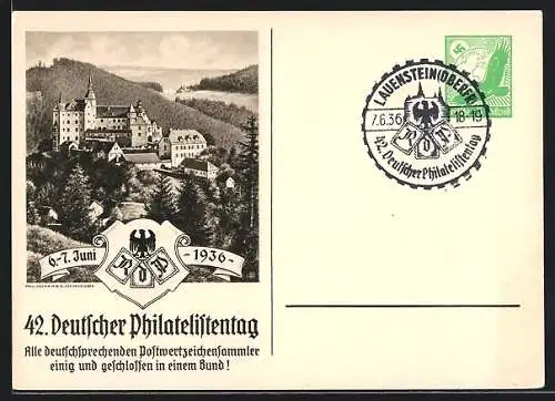 AK Lauenstein, 42. Deutscher Philatelistentag 1936, Schloss, Ganzsache