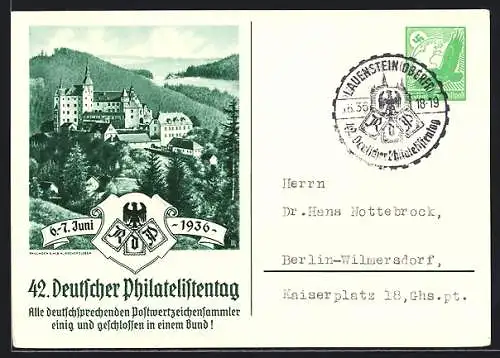 AK Lauenstein, 42. Deutscher Philatelistentag 1936, Schloss, Ganzsache