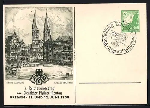 Künstler-AK Bremen, 44. Deutsche Philatelistentag 1938, 3. Reichsbundestag, Bremer Marktplatz, Ganzsache