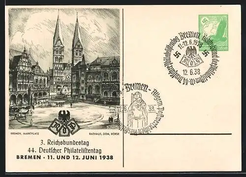 Künstler-AK Bremen, 3. Reichsbundestag und 44. Deutscher Philatelistentag 1938, Marktplatz, Dom und Börse, Ganzsache