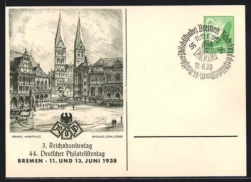 AK Bremen, 44. Deutsche Philatelistentag 1938, 3. Reichsbundestag, Bremer Marktplatz, Ganzsache