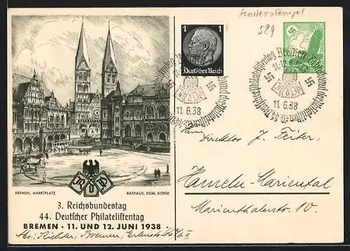 Künstler-AK Bremen, 3. Reichsbundestag und 44. Deutscher Philatelistentag 1938, Marktplatz mit Rathaus, Ganzsache