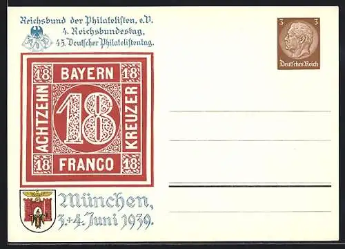 AK München, 45. Deutscher Philatelistentag 1939, 4. Reichsbundestag 1939, Ganzsache