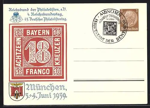 AK München, 45. Deutscher Philatelistentag und 4. Reichsbundestag 1939, Ganzsache