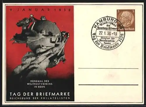 AK Tag der Briefmarke 1938, Denkmal des Weltpostvereins in Bern, Ganzsache