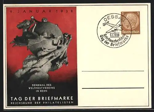 AK Berlin, Tag der Briefmarke 1938, Denkmal des Weltpostvereins Bern, Ganzsache