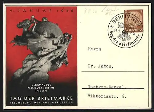 AK Tag der Briefmarke 1938, Denkmal des Weltpostvereins in Bern, Ganzsache