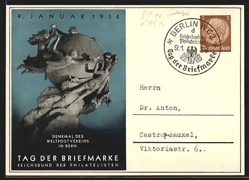 AK Tag der Briefmarke 1938, Denkmal des Weltpostvereins Bern, Ganzsache