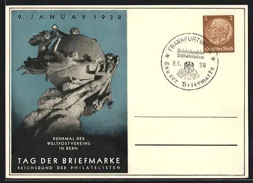 AK Tag der Briefmarke 1938, Denkmal des Weltpostvereins Bern, Ganzsache