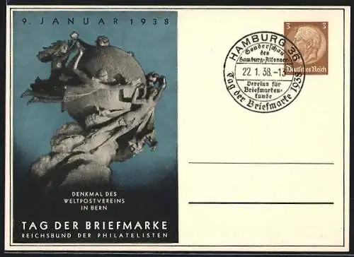 AK Tag der Briefmarke 1938, Denkmal des Weltpostvereins Bern, Ganzsache