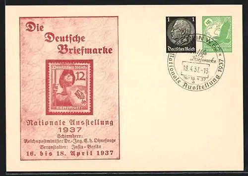 AK Berlin, Die deutsche Briefmarke Nationale Ausstellung 1937, Veranstalter Infla-Berlin, Ganzsache