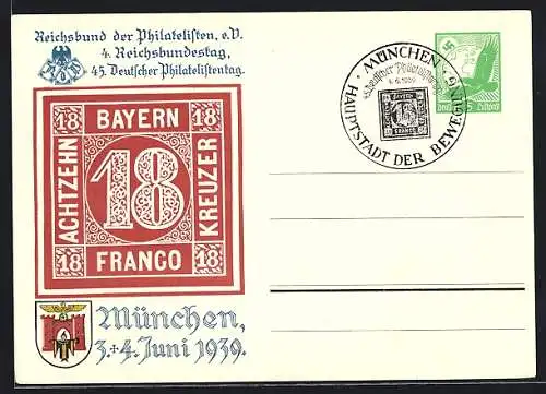 AK München, 45. Deutscher Philatelistentag und 4. Reichsbundestag 1939, Ganzsache