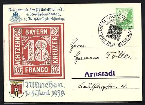 AK München, 45. Deutscher Philatelistentag und 4. Reichsbundestag 1939, Ganzsache