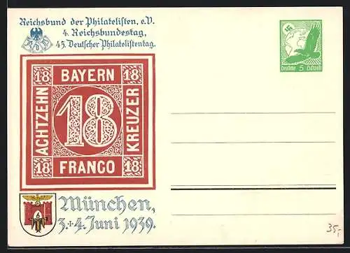 AK München, 45. Deutscher Philatelistentag und 4. Reichsbundestag 1939, Ganzsache