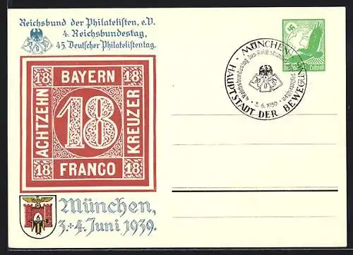 AK München, 45. Deutscher Philatelistentag und 4. Reichsbundestag 1939, Ganzsache