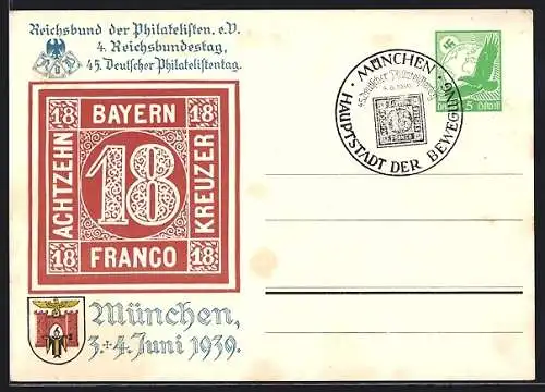 AK München, 45. Deutscher Philatelistentag und 4. Reichsbundestag 1939, Ganzsache