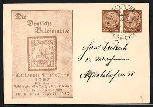 AK Berlin, Ausstellung Die Deutsche Briefmarke 1937, Veranstalter Infla-Berlin, Ganzsache