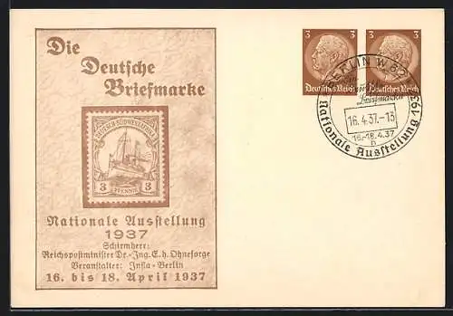 AK Berlin, Ausstellung Die Deutsche Briefmarke 1937, Veranstalter Infla-Berlin, Ganzsache