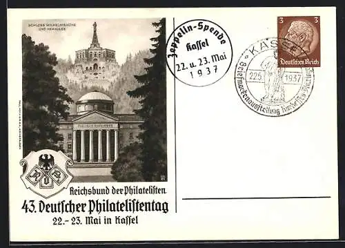 AK Kassel, 43. Deutscher Philatelistentag 1937, Schloss Wilhelmshöhe, Ganzsache