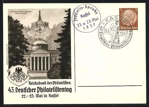 AK Kassel, 43. Deutscher Philatelistentag 1937, Schloss Wilhelmshöhe, Ganzsache