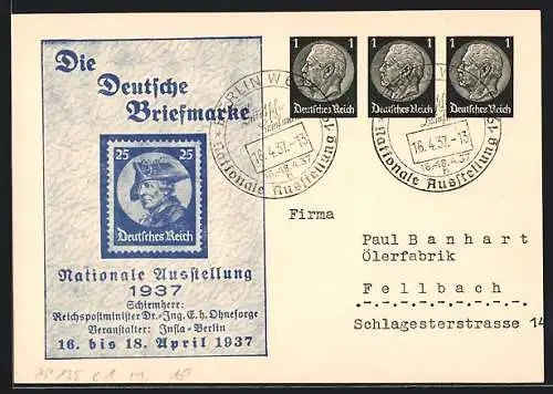 AK Berlin, Ausstellung Die Deutsche Briefmarke 1937, Veranstalter Infla-Berlin, Ganzsache