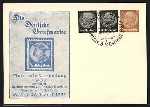 AK Berlin, Ausstellung Die Deutsche Briefmarke 1937, Veranstalter Infla-Berlin, Ganzsache