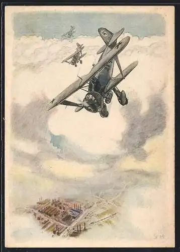 Künstler-AK Sturzkampfflieger, 2. Weltkrieg, Luftwaffe